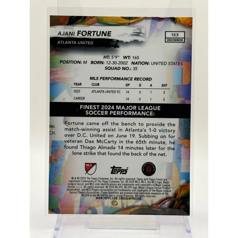 2024 Topps Finest MLS Ajani Fortune Rookie Orange Refractor 9/25 SP United RC - Picture 2 of 2